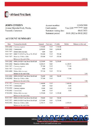 Printable Cameroon Afriland First bank statement excel real example